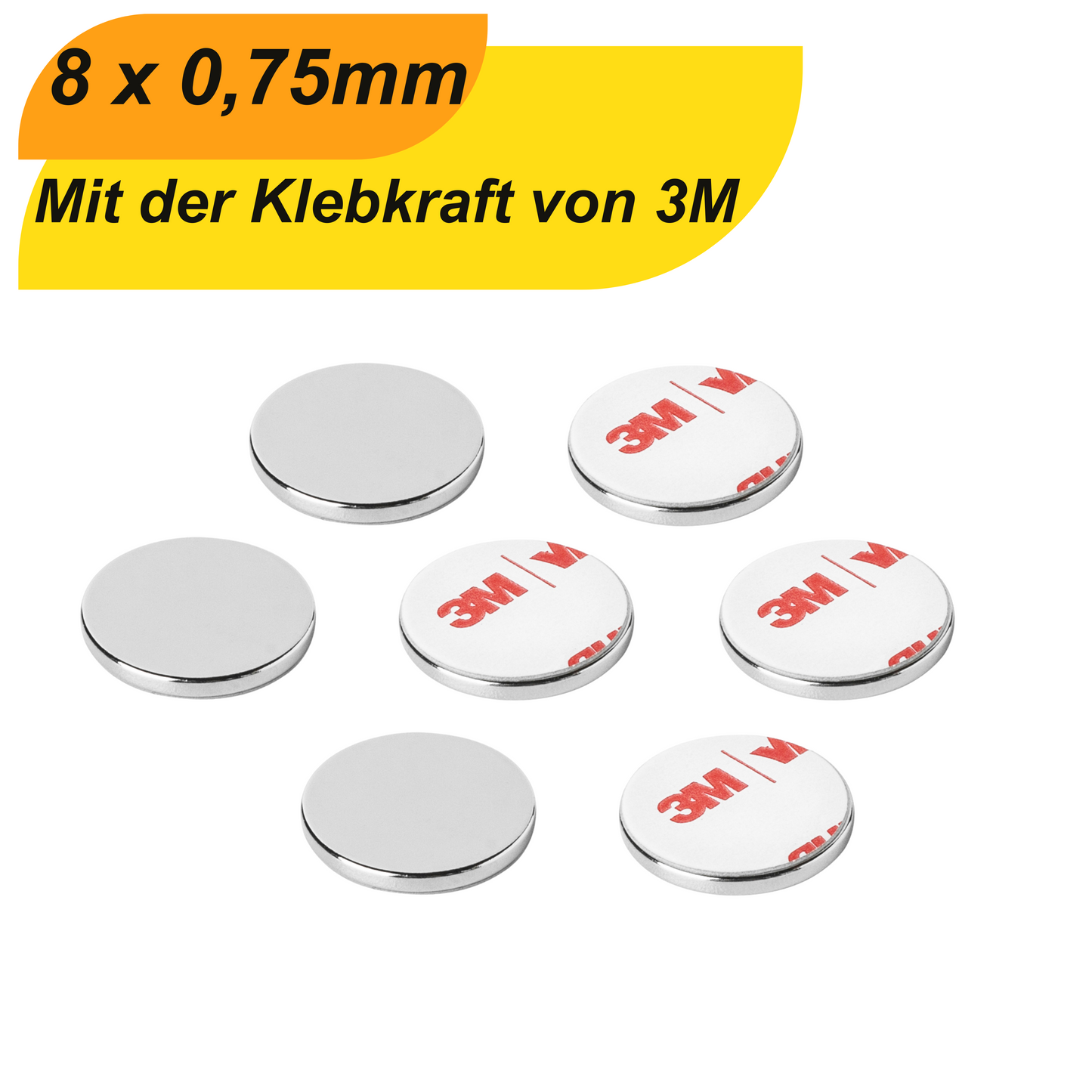 Neodym Scheibenmagnet 8mm x 0,75mm mit 3M Klebefläche – hohe Haftkraft 370g