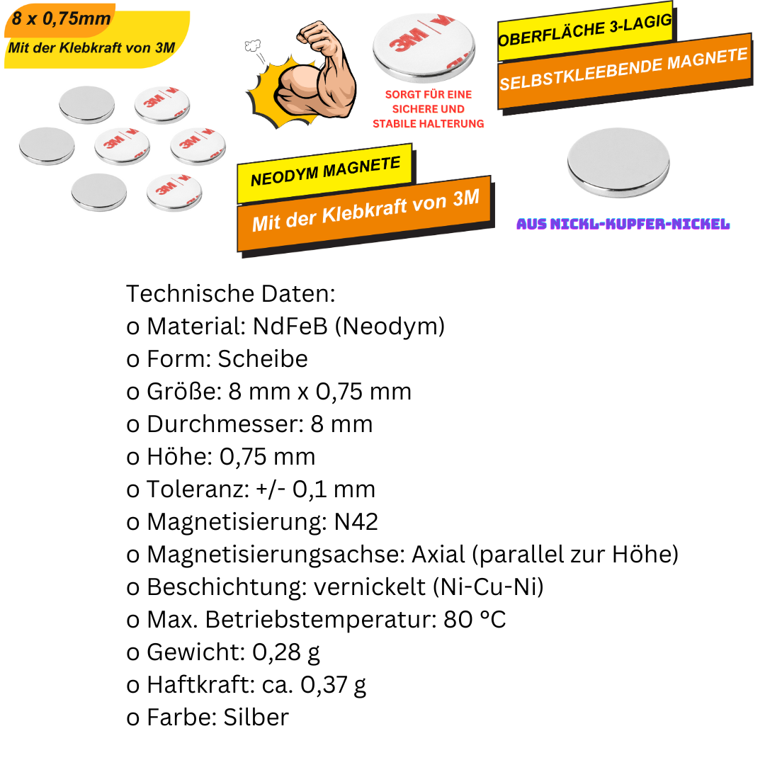 Superflacher starker Magnet mit 3M Klebefolie – Neodym Ø 8mm x 0,75mm