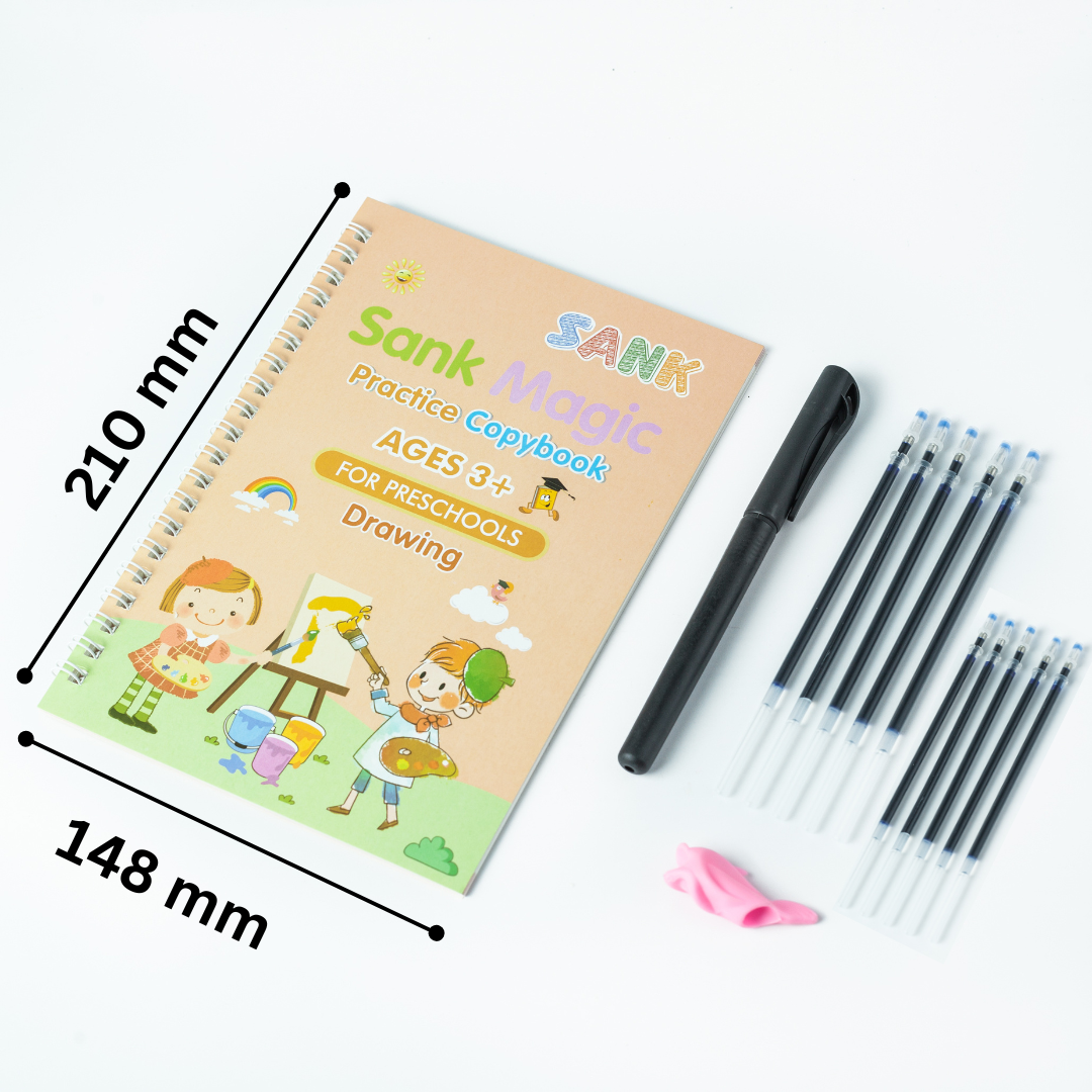 Kind malt mit magischem Stift im wiederverwendbaren Übungsbuch