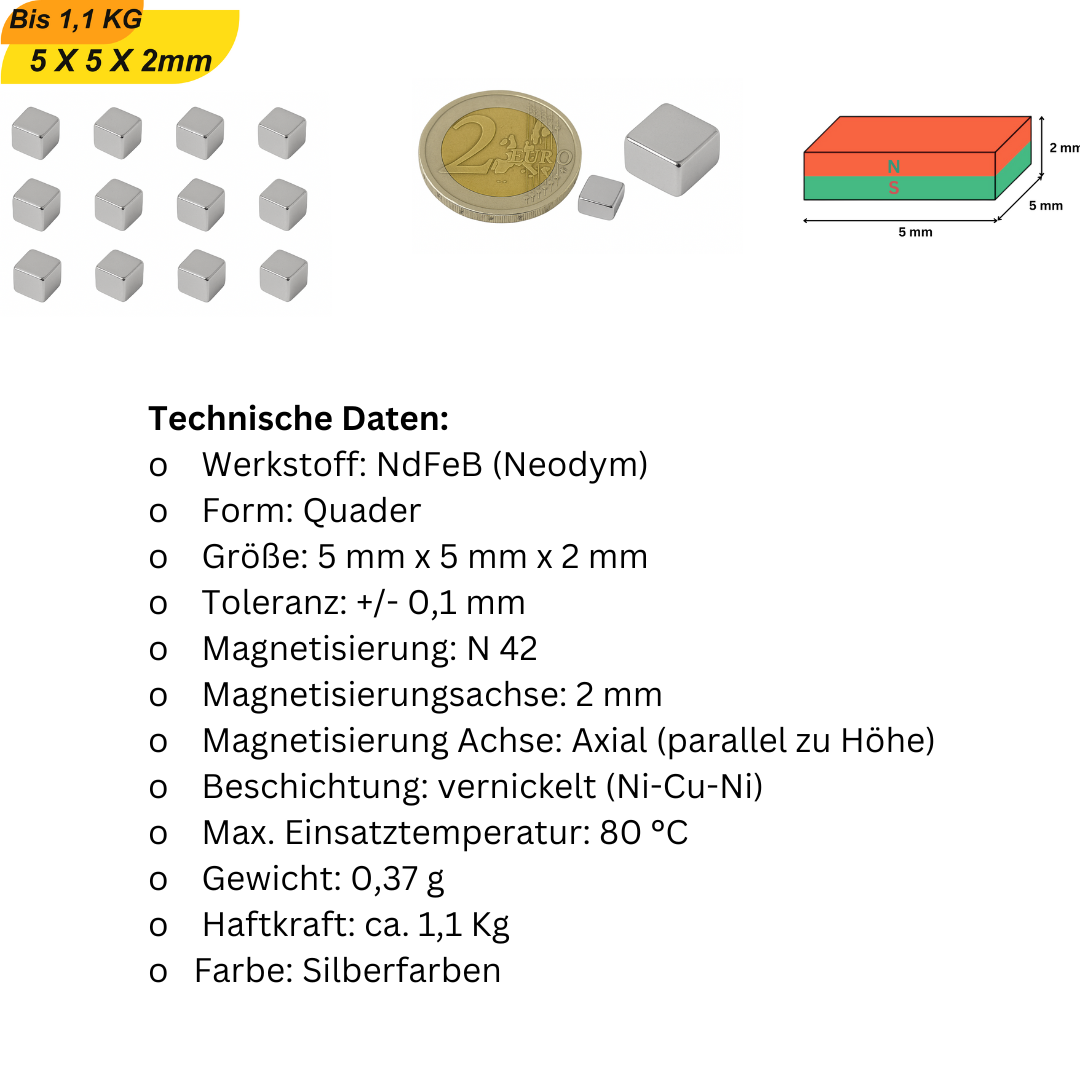 Sechs Neodym-Quadermagnete 5x5x2 mm gestapelt – starke N42 Magnete in kompakter Form