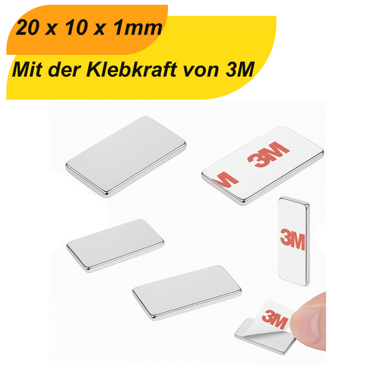 Selbstklebender Neodym Magnet 20x10x1 mm mit 3M-Klebefläche und starker Haftkraft