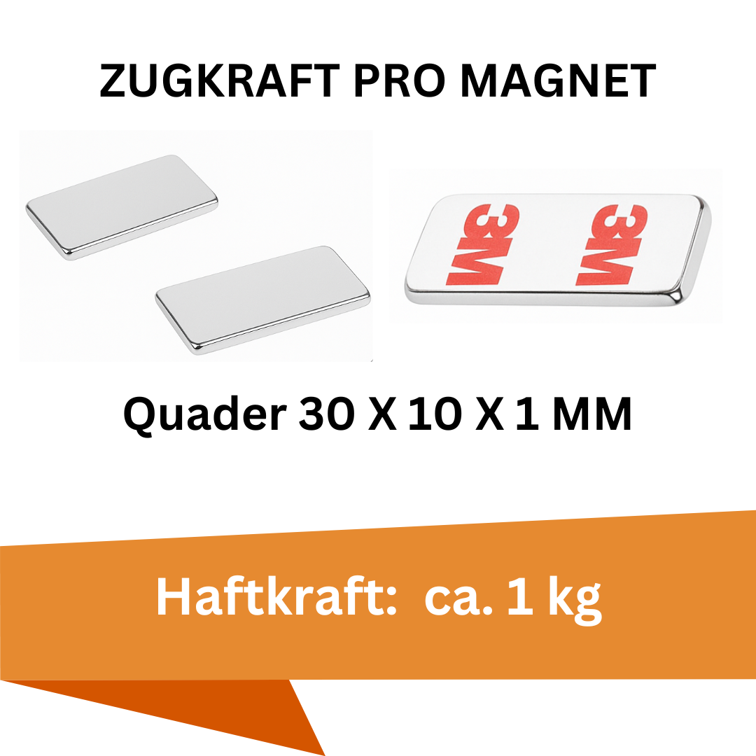 Neodym-Quadermagnet 30x10x1 mm mit rückseitiger 3M-Klebefläche