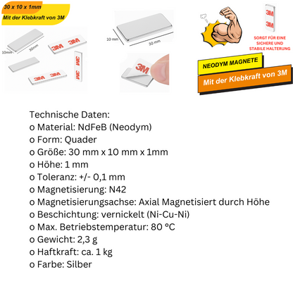Starker Flachmagnet 30x10x1 mm für DIY, Büro & Werkstatt