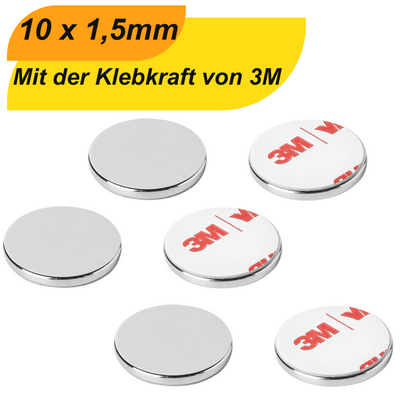 Neodym Scheibenmagnet 10mm x 1,5mm mit 3M Klebefolie – 1 kg Haftkraft
