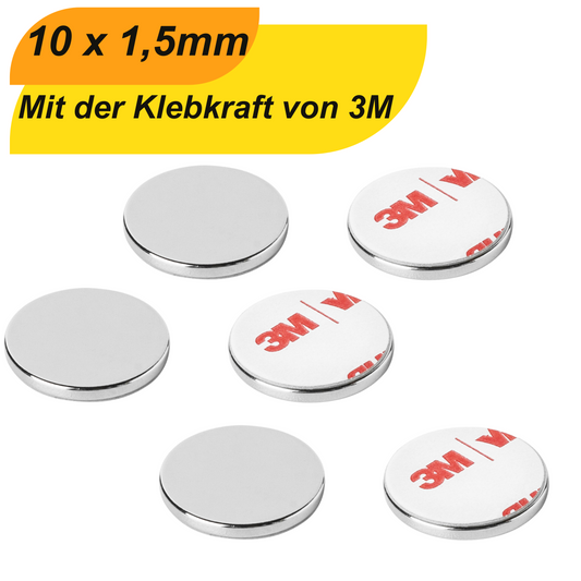 Neodym Scheibenmagnet 10mm x 1,5mm mit 3M Klebefolie – 1 kg Haftkraft