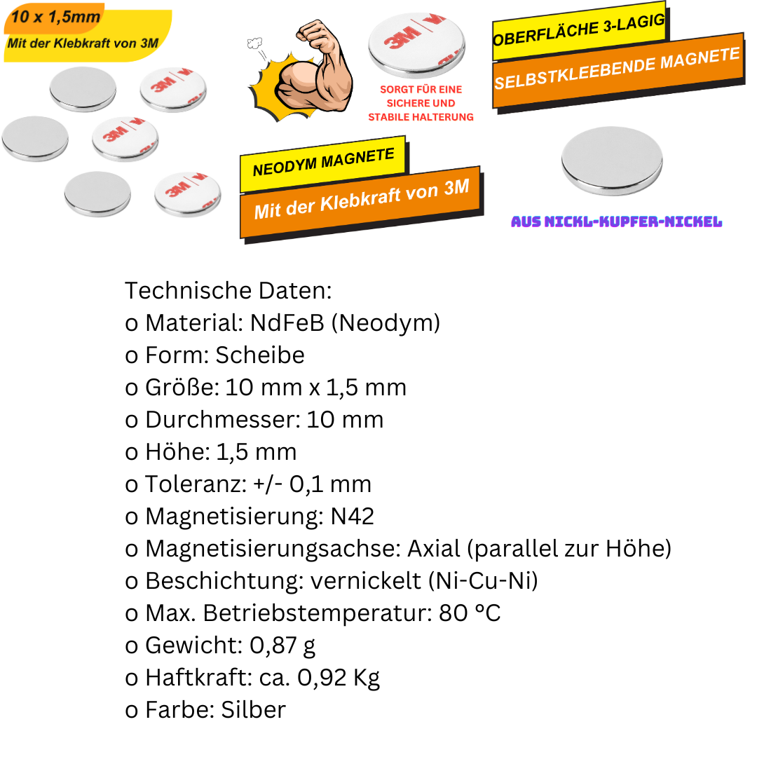 3M selbstklebender Scheibenmagnet – Neodym, 10mm x 1,5mm, 1 kg Haltekraft