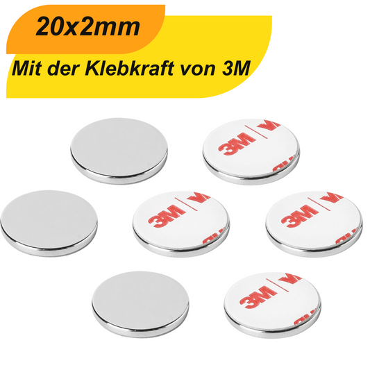 Neodym Scheibenmagnet 20mm x 2mm mit 3M Klebefläche – starke Haftkraft 2,4 kg