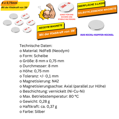 Superflacher starker Magnet mit 3M Klebefolie – Neodym Ø 8mm x 0,75mm