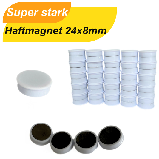 Runder weißer Haftmagnet 24x8mm auf Magnetboard im Büro verwendet