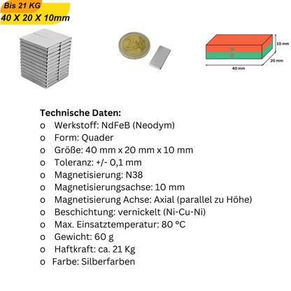 Hochleistungs-Neodym Quadermagnet 40x20x10 mm für Industrie und Modellbau