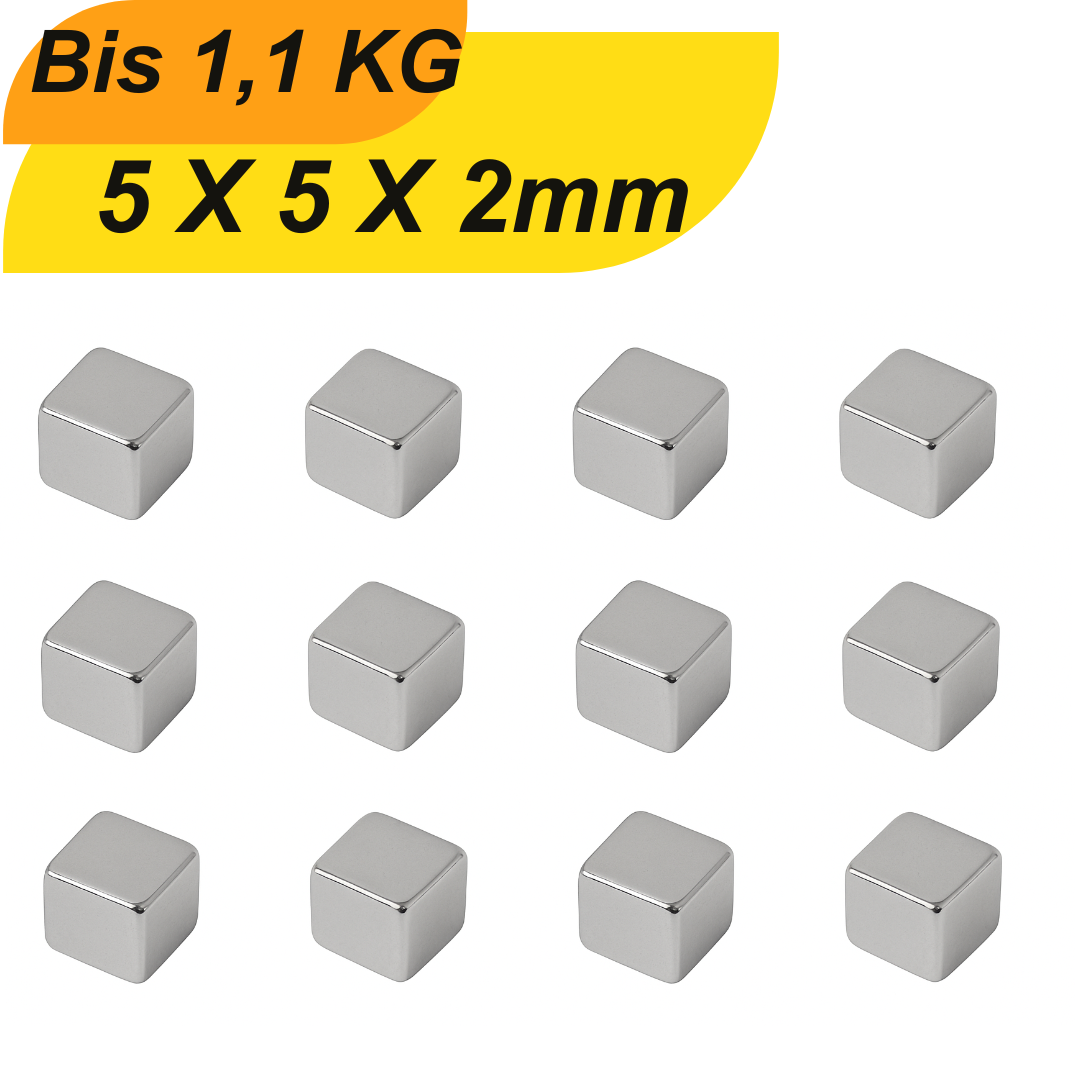 Neodym Quadermagnet 5x5x2 mm N42 – Supermagnet mit hoher Haltekraft auf weißem Hintergrund