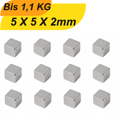 Neodym Quadermagnet 5x5x2 mm N42 – Supermagnet mit hoher Haltekraft auf weißem Hintergrund